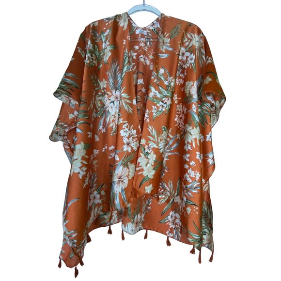Tropical Floral Kimono Cover Up Orange With Tassels One Size Beach Wrap Bohemian - Picture 1 of 5
